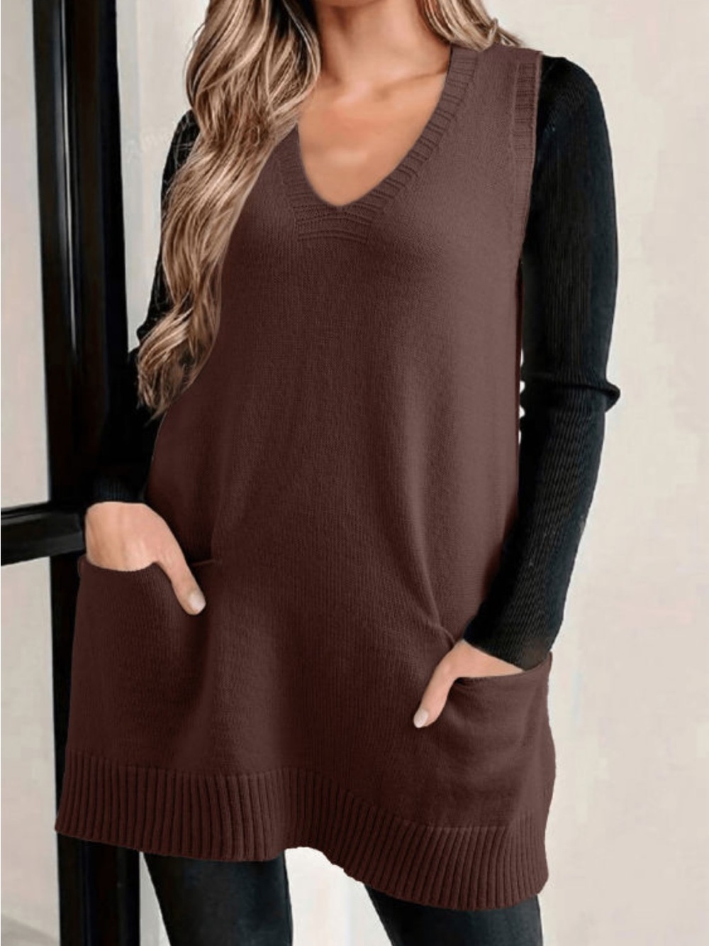 Women’s V-Neck Sleeveless Knit Tunic Sweater Vest - Brown